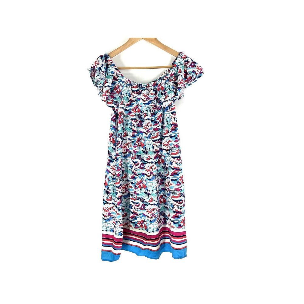 Tommy Bahama Dress Size XL Womens Teal Pink Tropical Print Off Shoulder Beach